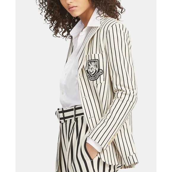 Polo Ralph Lauren Blazer Jacket Womens 10 Striped Lion Crest Patch - Picture 1 of 12